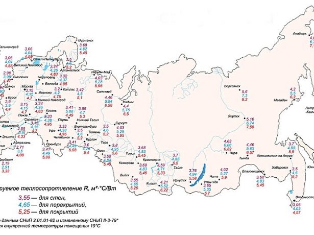 Карта нормируемого теплового сопротивления для различных регионов